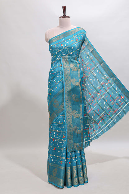 Midnight green zari striped floral vine design dola silk saree with self border and matching blouse