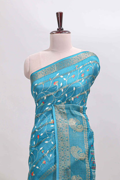 Midnight green zari striped floral vine design dola silk saree with self border and matching blouse