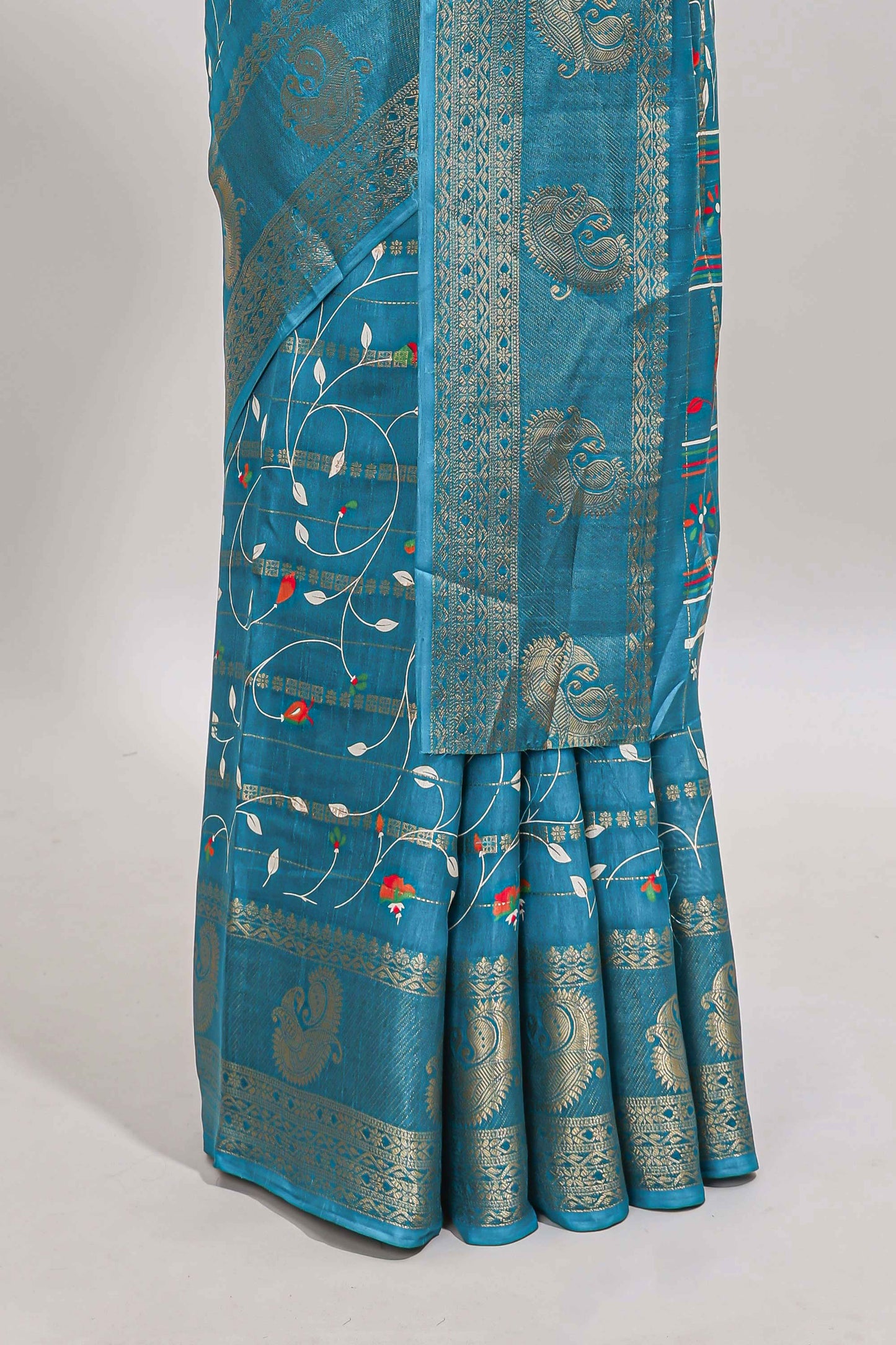 Midnight green zari striped floral vine design dola silk saree with self border and matching blouse