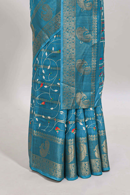 Midnight green zari striped floral vine design dola silk saree with self border and matching blouse