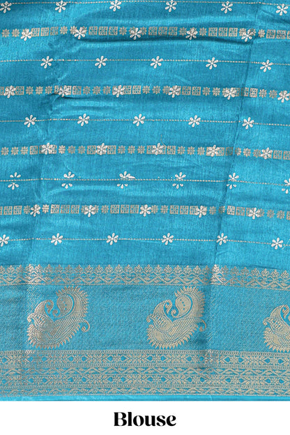 Midnight green zari striped floral vine design dola silk saree with self border and matching blouse