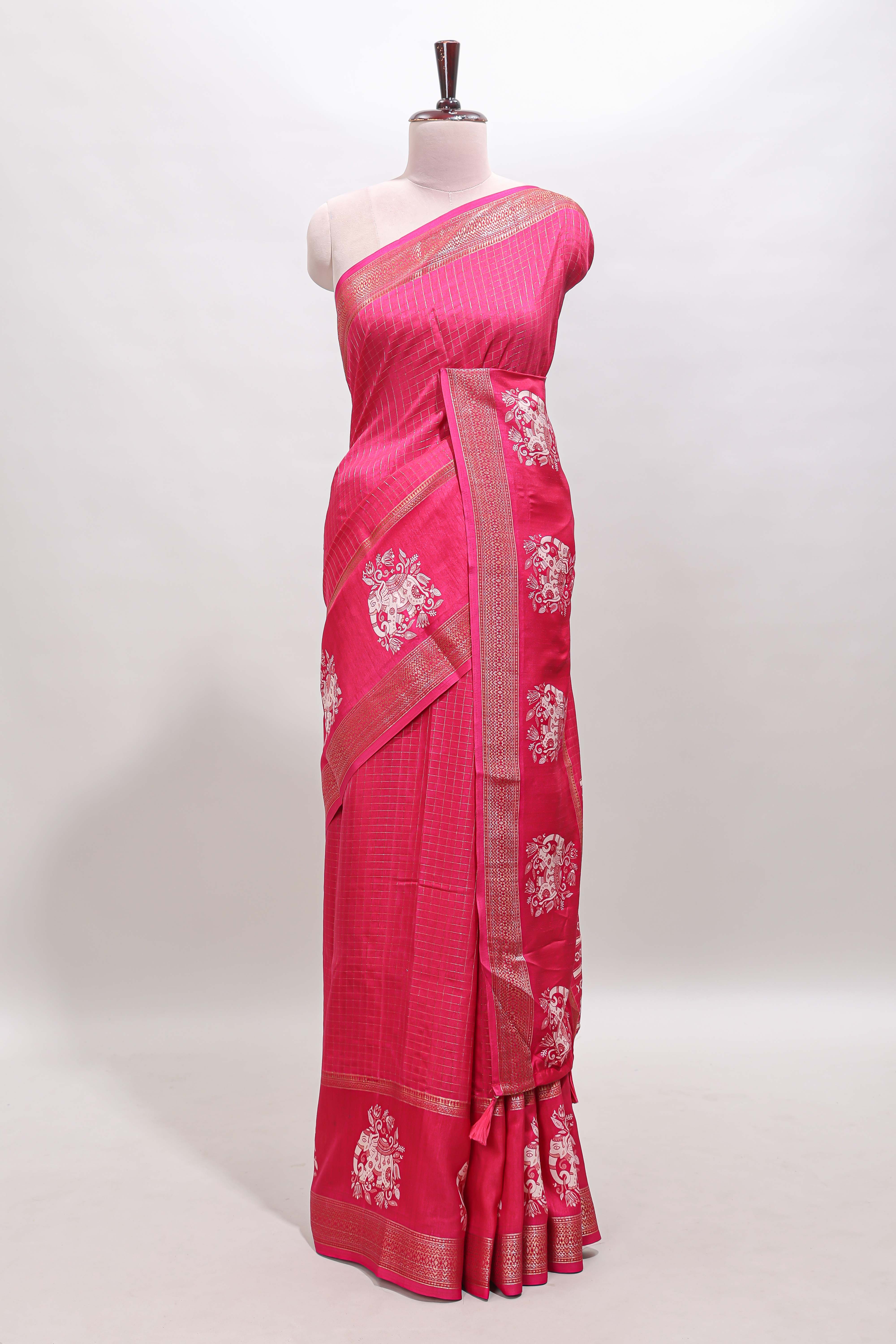 Pink checked elephant motifs dola silk saree with self zari border and striped pallu