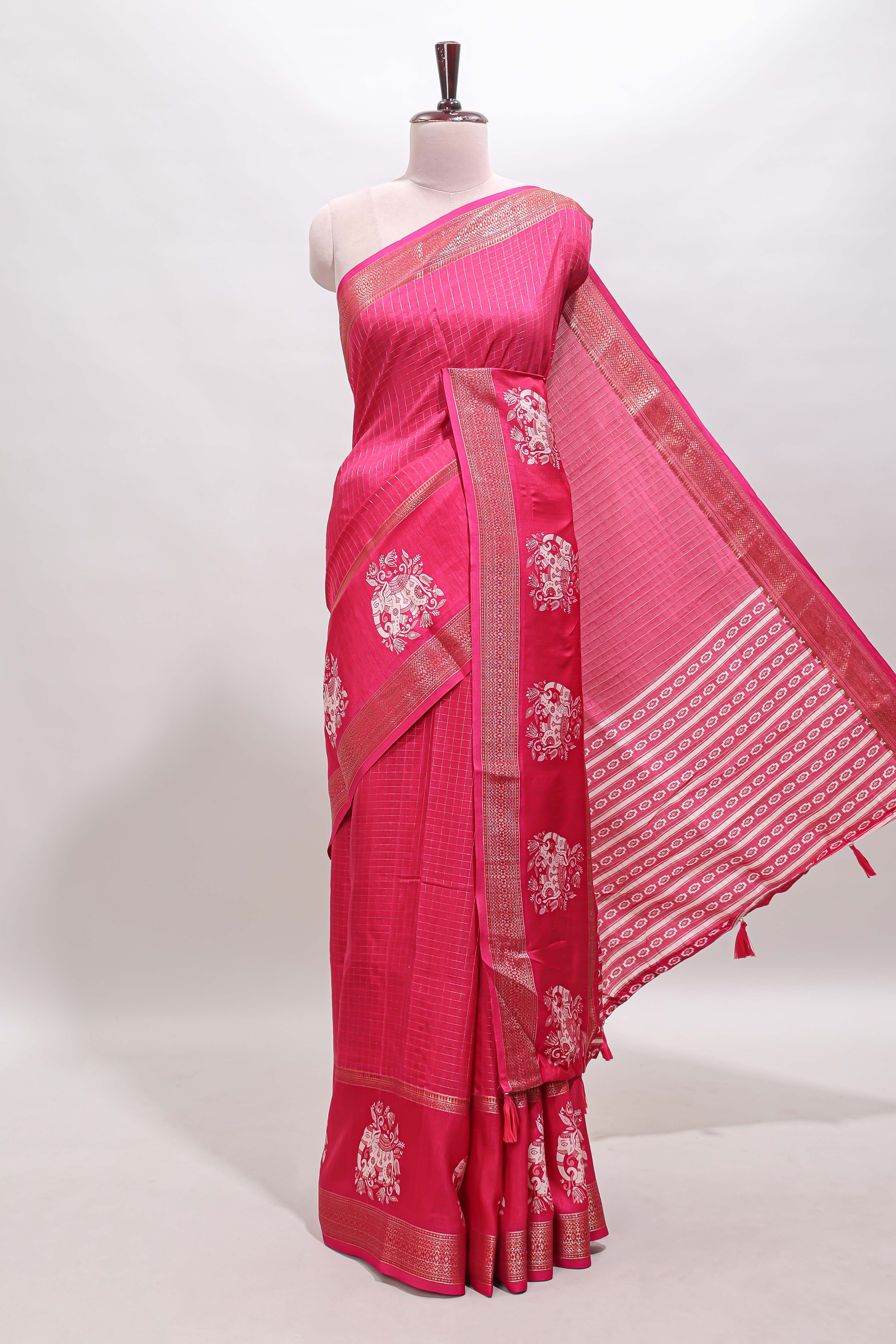 Pink checked elephant motifs dola silk saree with self zari border and striped pallu
