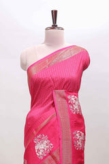 Pink checked elephant motifs dola silk saree with self zari border and striped pallu
