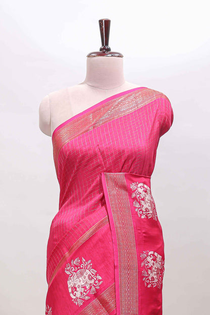 Pink checked elephant motifs dola silk saree with self zari border and striped pallu