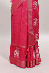 Pink checked elephant motifs dola silk saree with self zari border and striped pallu