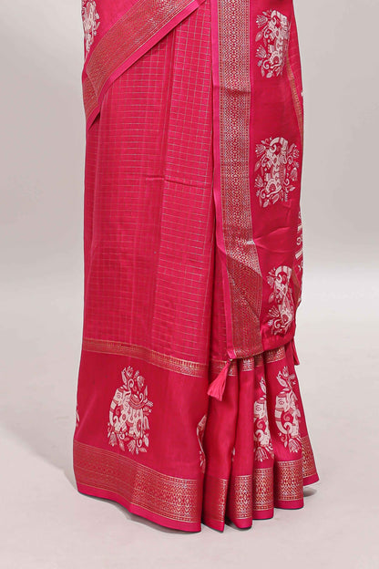 Pink checked elephant motifs dola silk saree with self zari border and striped pallu