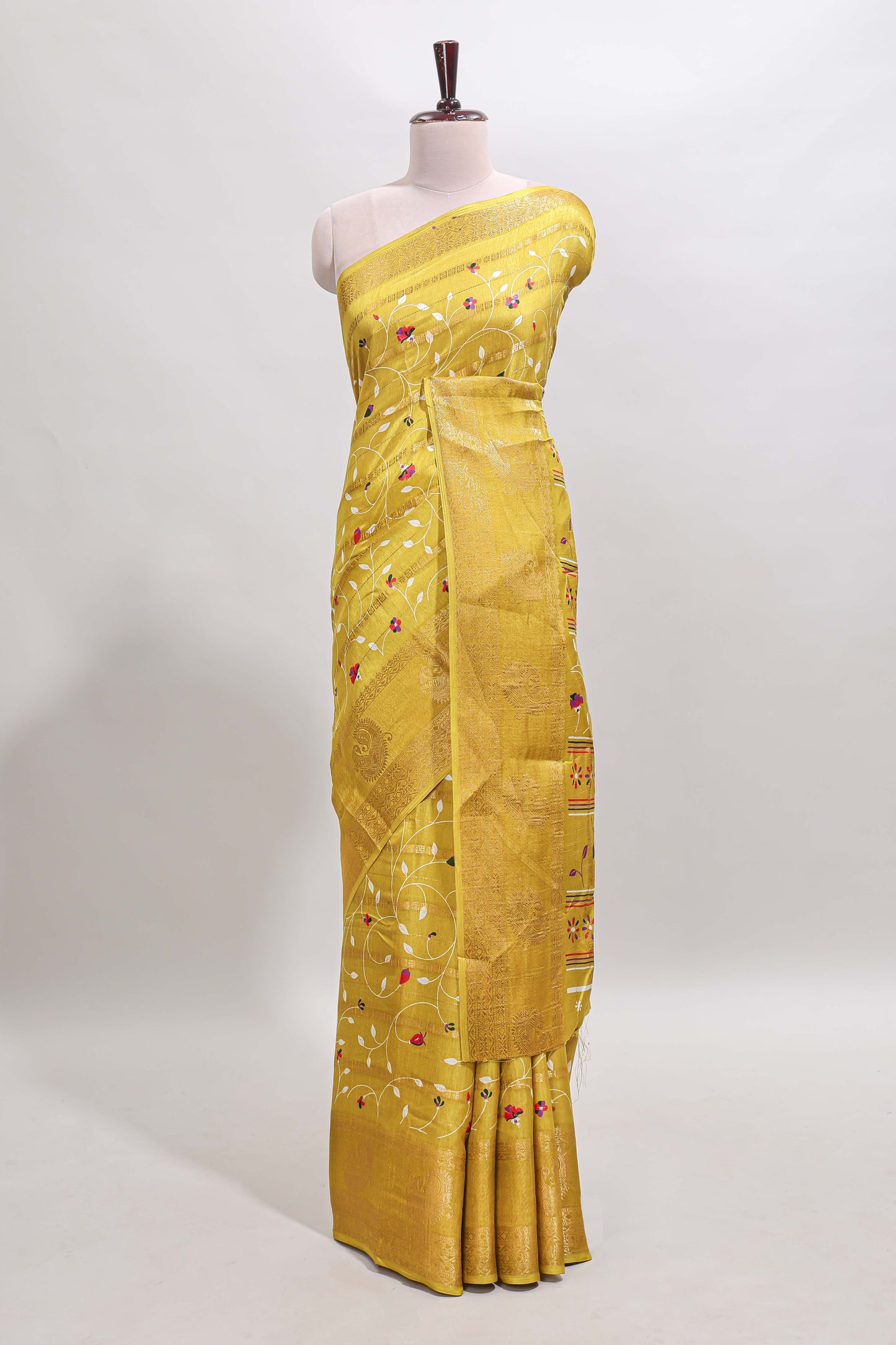 Lime yellow zari striped floral vine design dola silk saree with self border and matching blouse