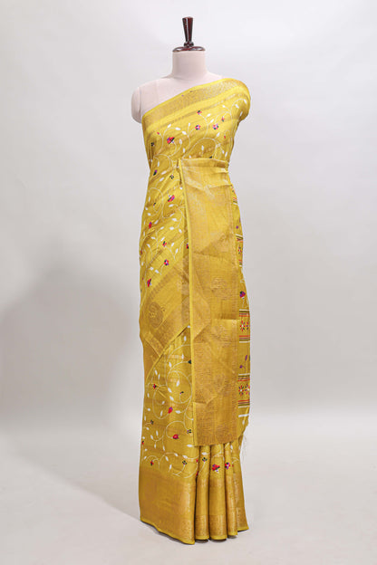 Lime yellow zari striped floral vine design dola silk saree with self border and matching blouse