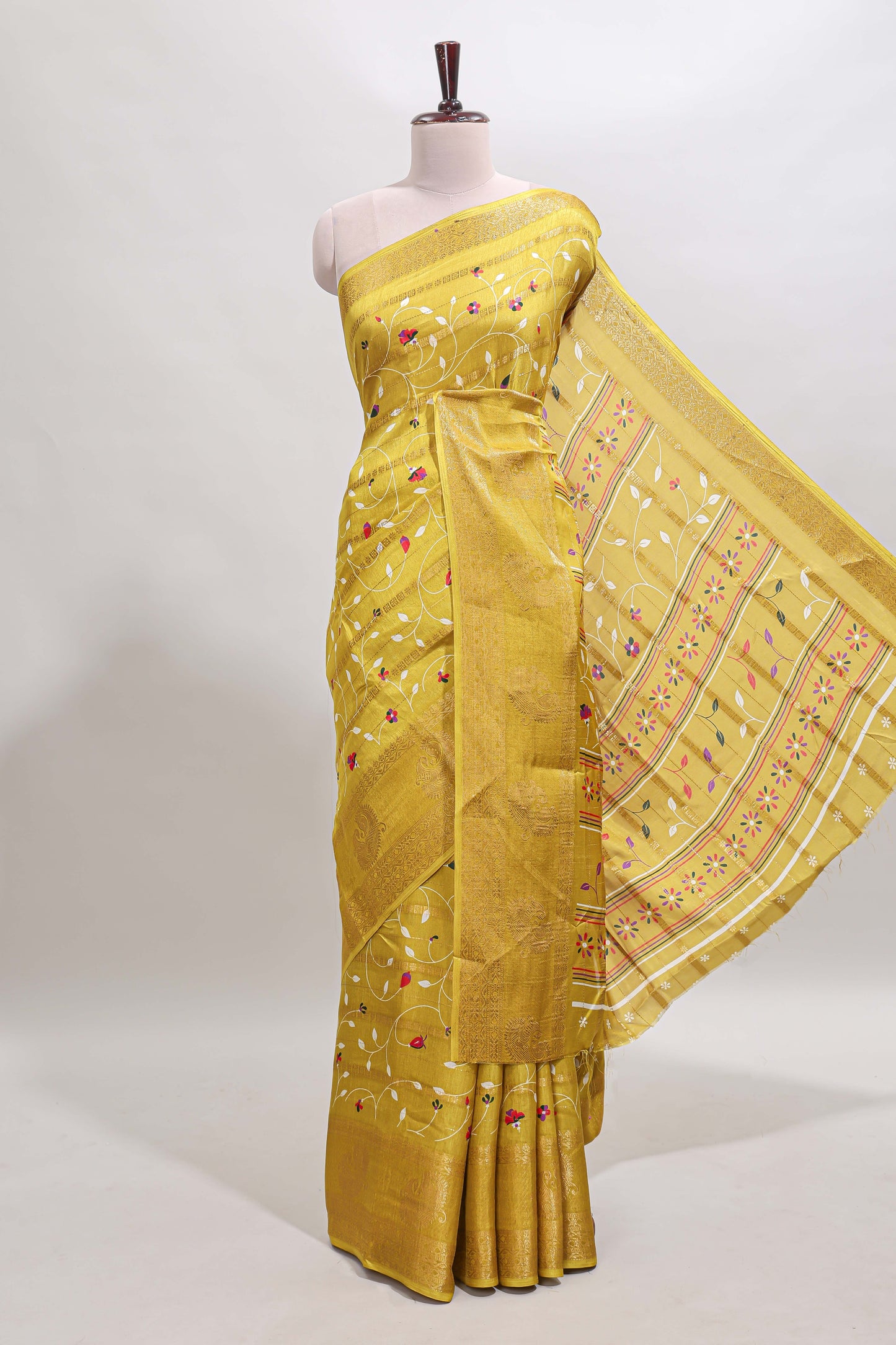 Lime yellow zari striped floral vine design dola silk saree with self border and matching blouse