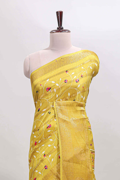 Lime yellow zari striped floral vine design dola silk saree with self border and matching blouse