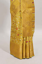 Lime yellow zari striped floral vine design dola silk saree with self border and matching blouse