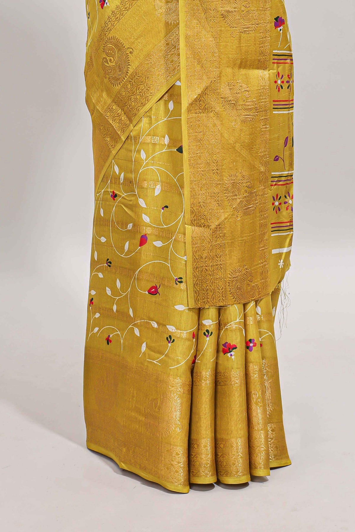 Lime yellow zari striped floral vine design dola silk saree with self border and matching blouse