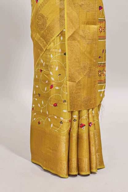Lime yellow zari striped floral vine design dola silk saree with self border and matching blouse