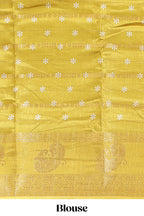 Lime yellow zari striped floral vine design dola silk saree with self border and matching blouse