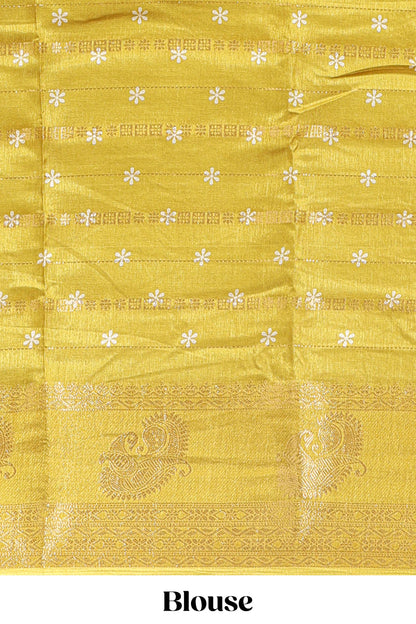 Lime yellow zari striped floral vine design dola silk saree with self border and matching blouse