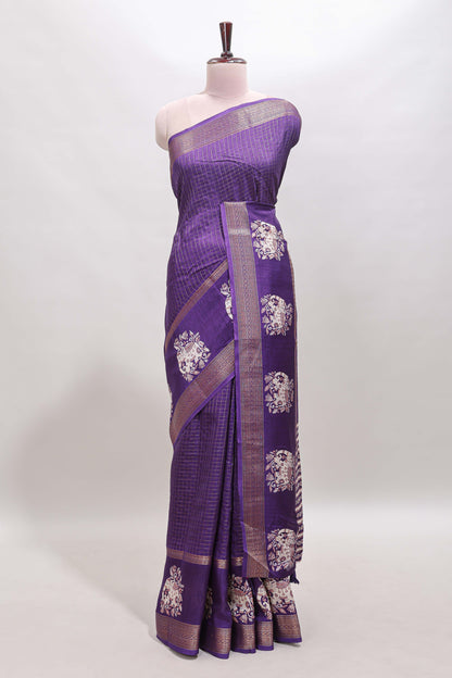 Violet checked elephant motifs dola silk saree with self zari border and striped pallu