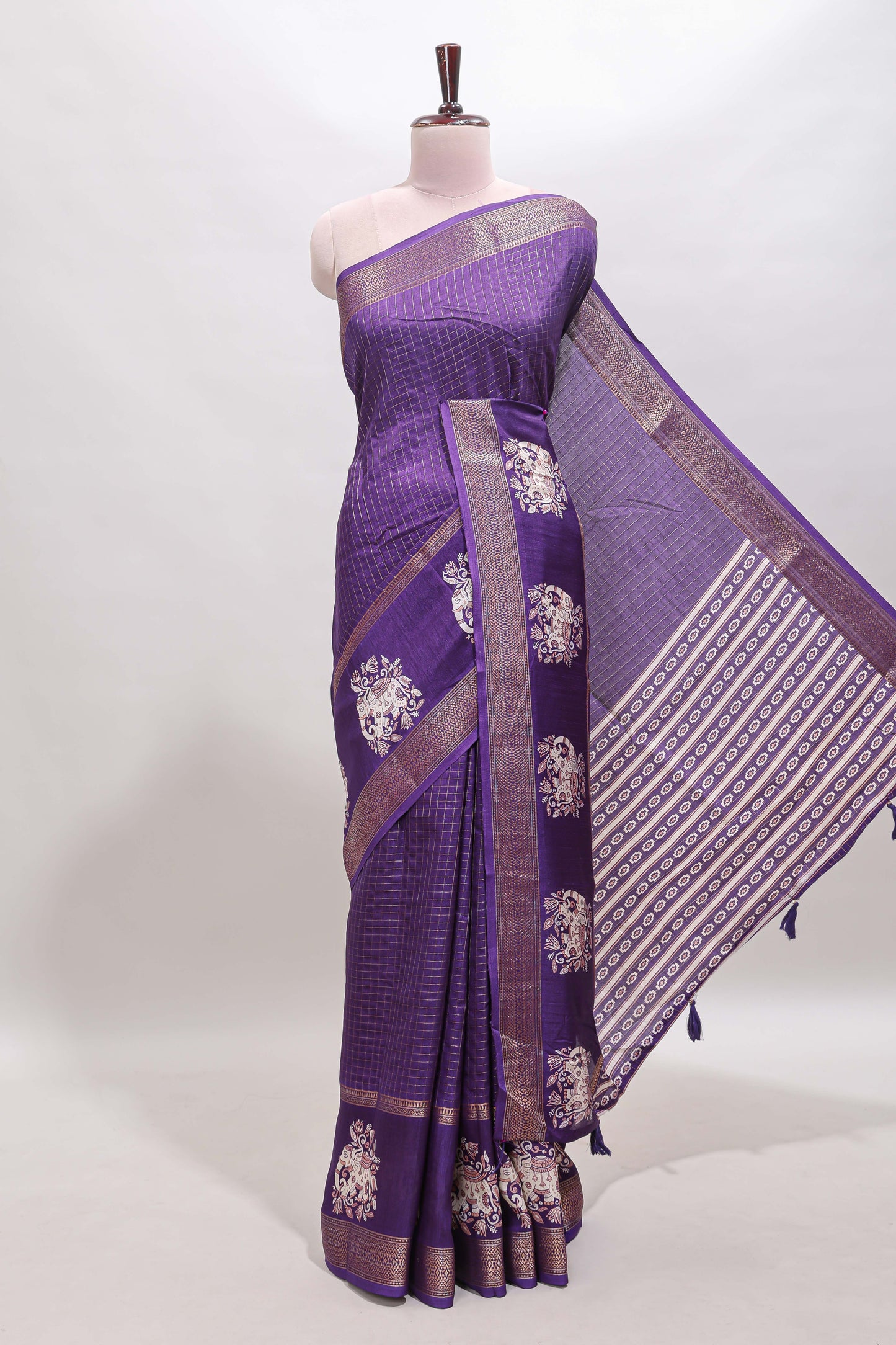 Violet checked elephant motifs dola silk saree with self zari border and striped pallu