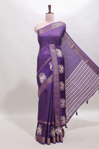 Violet checked elephant motifs dola silk saree with self zari border and striped pallu