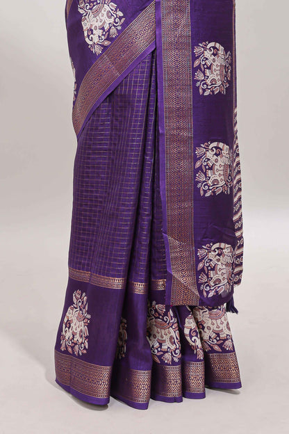 Violet checked elephant motifs dola silk saree with self zari border and striped pallu