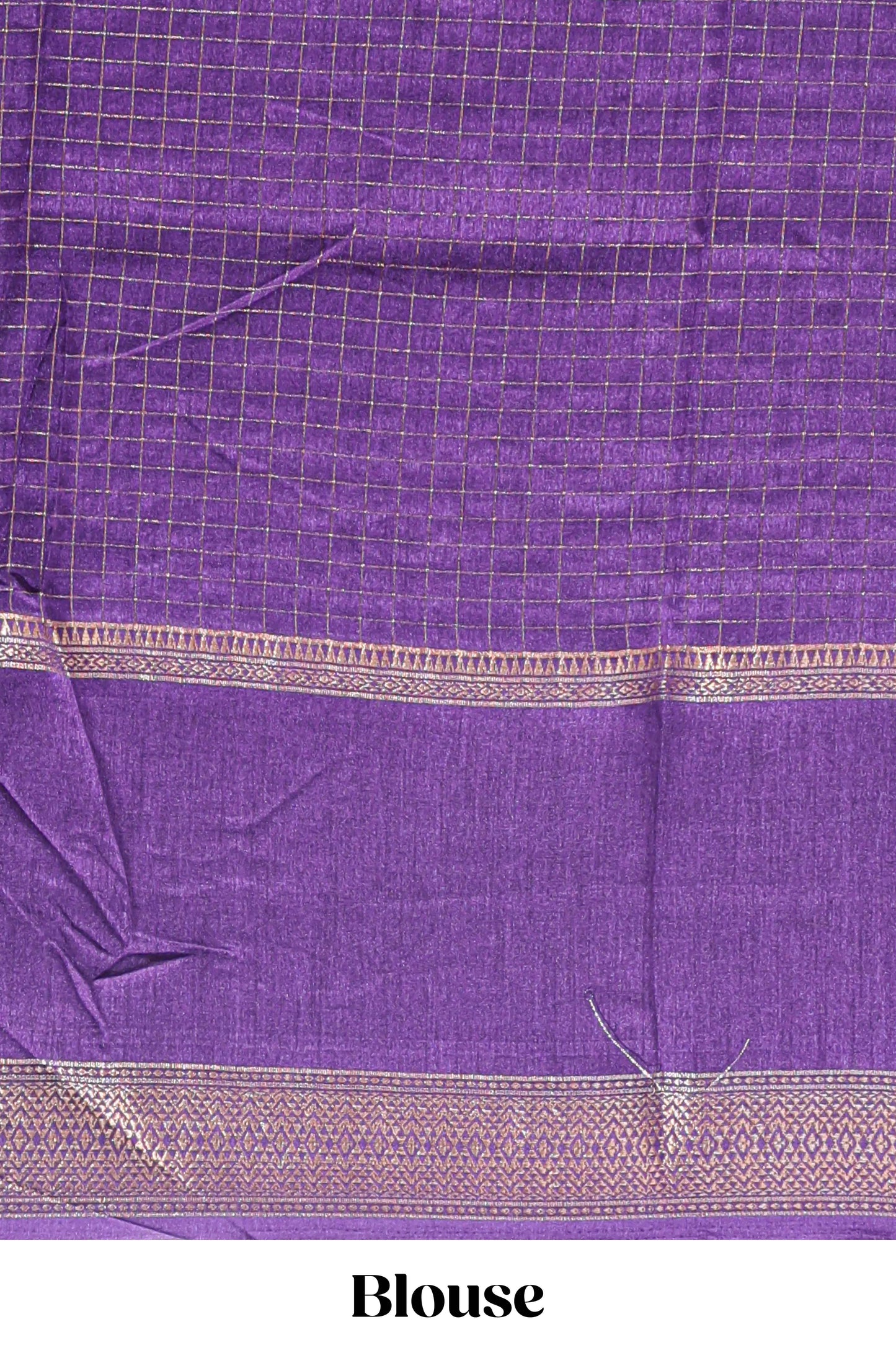 Violet checked elephant motifs dola silk saree with self zari border and striped pallu