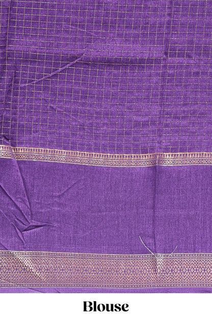 Violet checked elephant motifs dola silk saree with self zari border and striped pallu