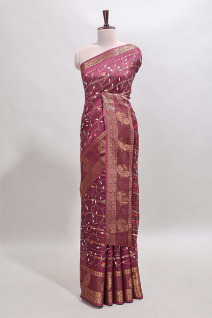 Maroon zari striped floral vine design dola silk saree with self border and matching blouse