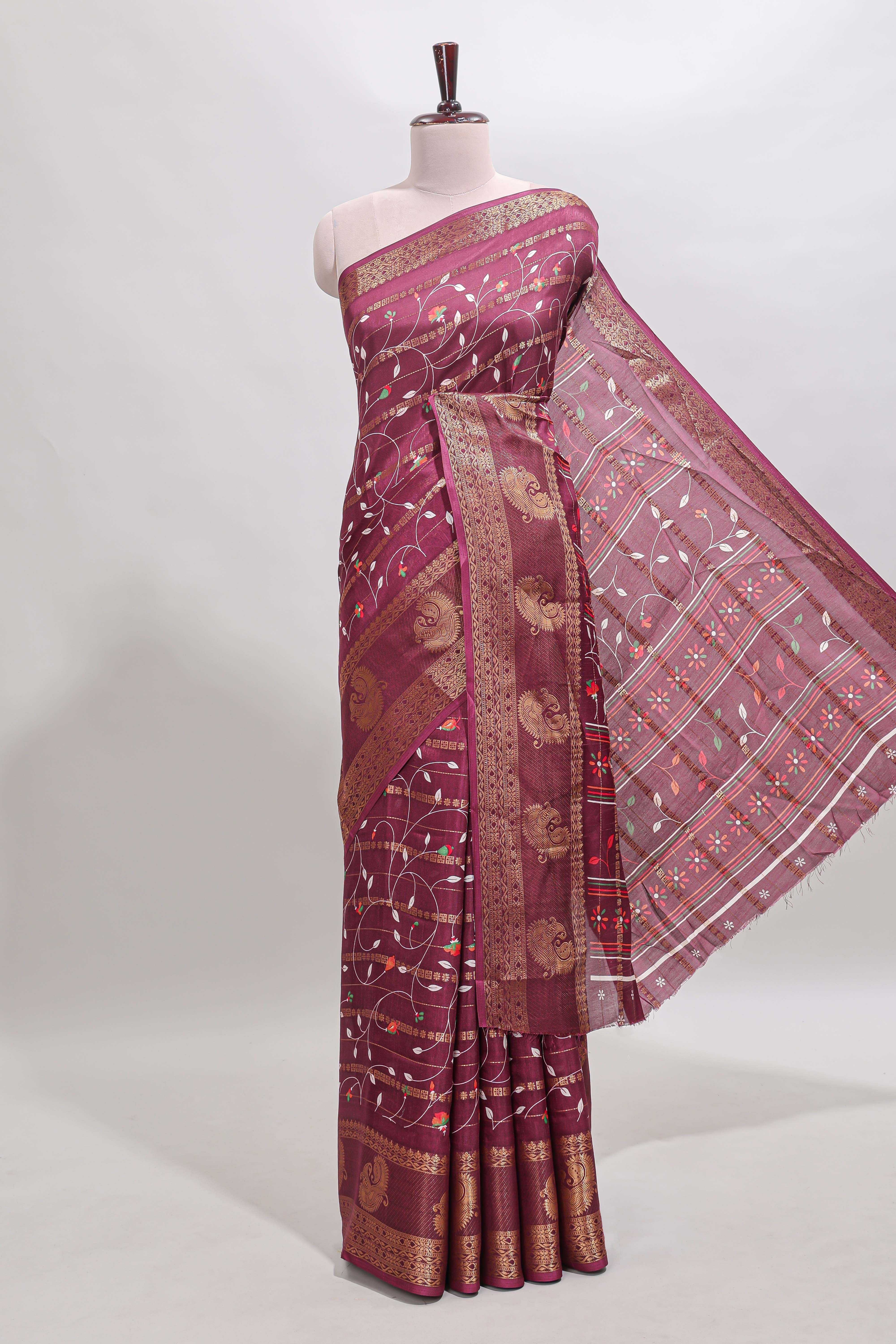 Maroon zari striped floral vine design dola silk saree with self border and matching blouse