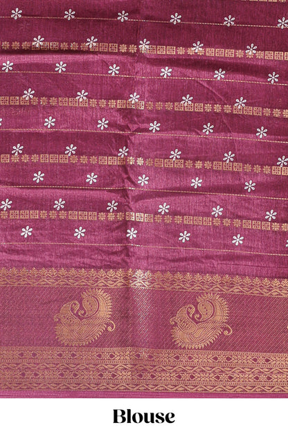 Maroon zari striped floral vine design dola silk saree with self border and matching blouse