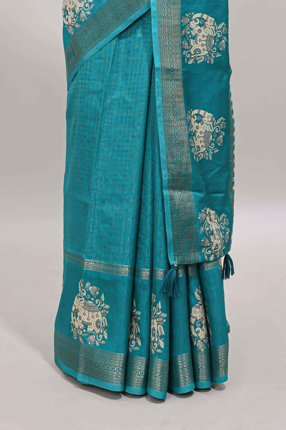 Turquoise green checked elephant motifs dola silk saree with self zari border and striped pallu