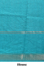 Turquoise green checked elephant motifs dola silk saree with self zari border and striped pallu
