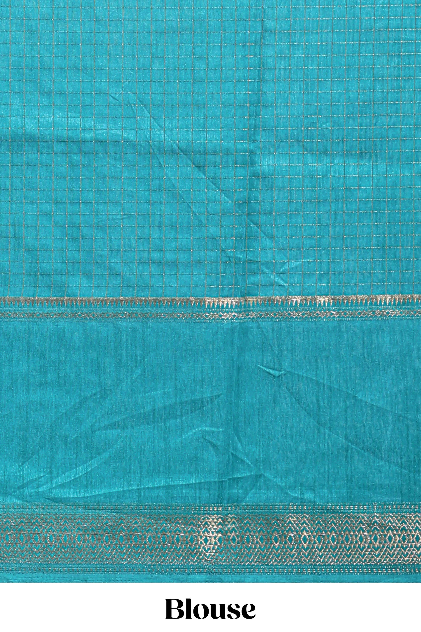 Turquoise green checked elephant motifs dola silk saree with self zari border and striped pallu