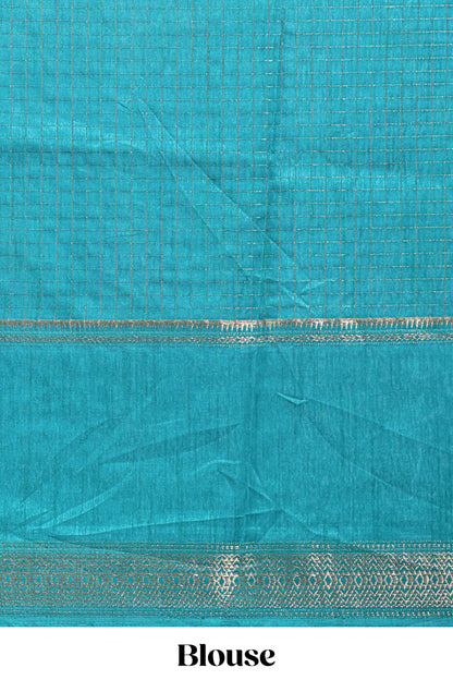 Turquoise green checked elephant motifs dola silk saree with self zari border and striped pallu