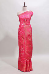 Pink zari striped floral vine design dola silk saree with self border and matching blouse