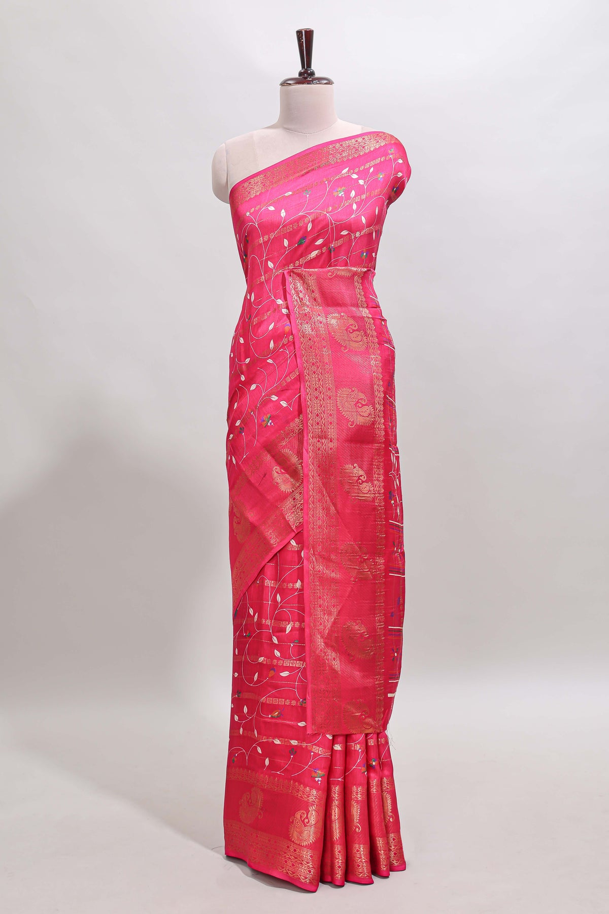 Pink zari striped floral vine design dola silk saree with self border and matching blouse