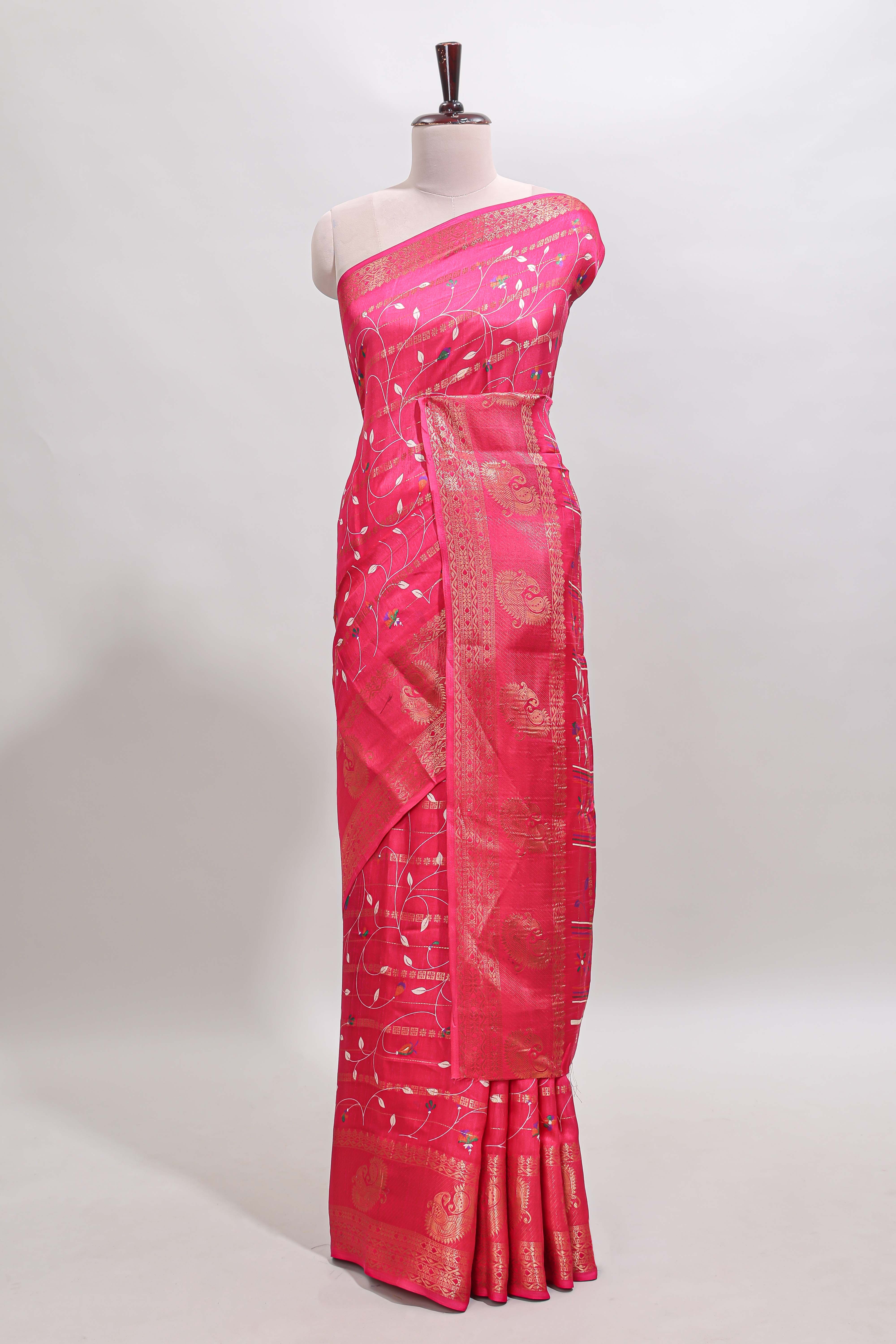Pink zari striped floral vine design dola silk saree with self border and matching blouse