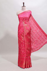 Pink zari striped floral vine design dola silk saree with self border and matching blouse