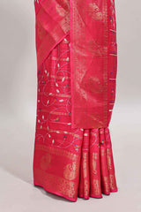 Pink zari striped floral vine design dola silk saree with self border and matching blouse