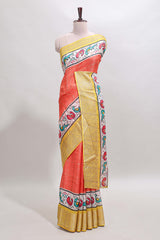 Orange checked dola silk saree with contrast zari border and blouse
