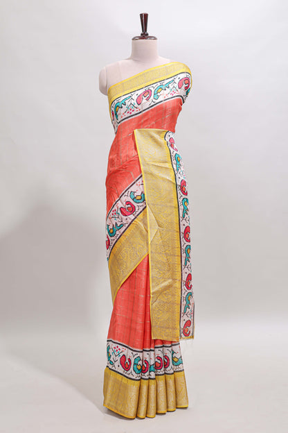 Orange checked dola silk saree with contrast zari border and blouse