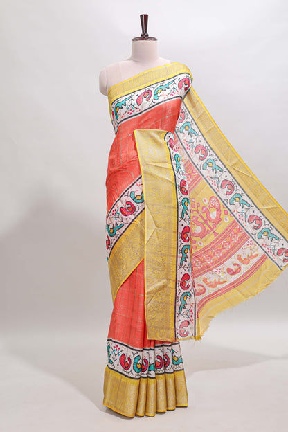 Orange checked dola silk saree with contrast zari border and blouse