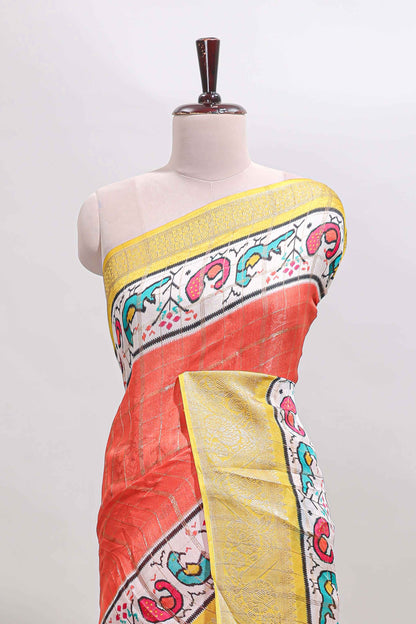 Orange checked dola silk saree with contrast zari border and blouse