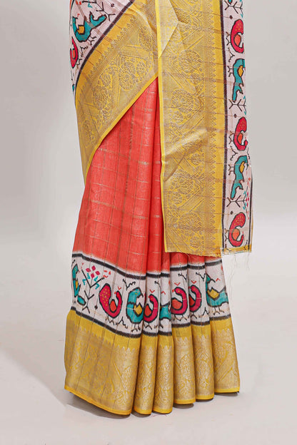 Orange checked dola silk saree with contrast zari border and blouse