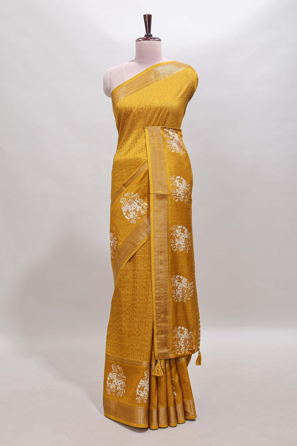 Mustard checked elephant motifs dola silk saree with self zari border and striped pallu