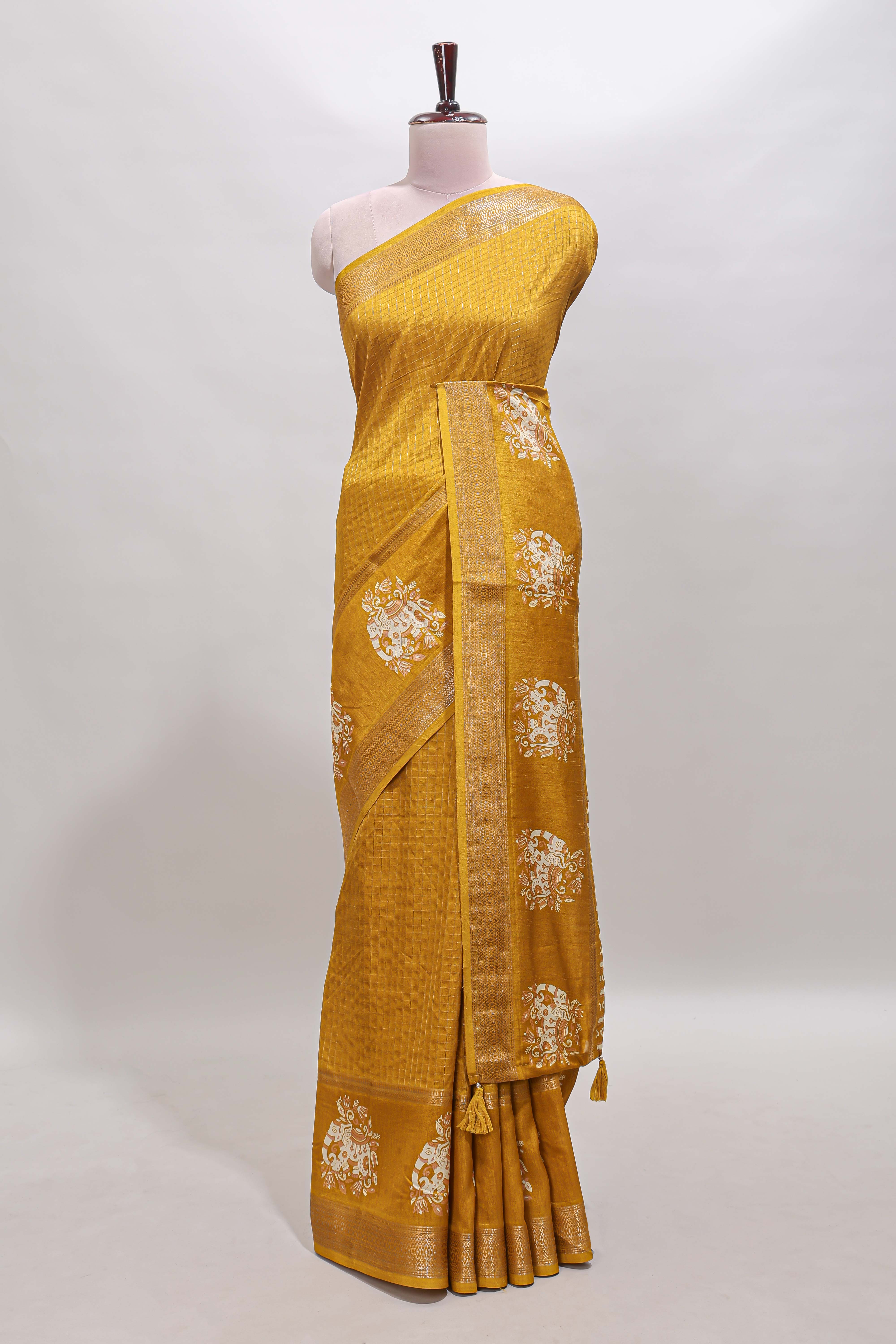 Mustard checked elephant motifs dola silk saree with self zari border and striped pallu