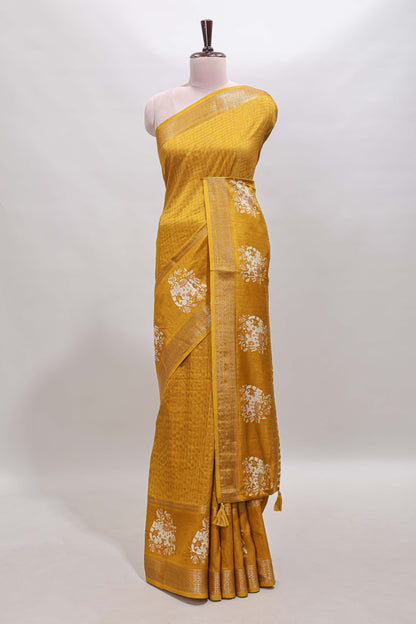 Mustard checked elephant motifs dola silk saree with self zari border and striped pallu