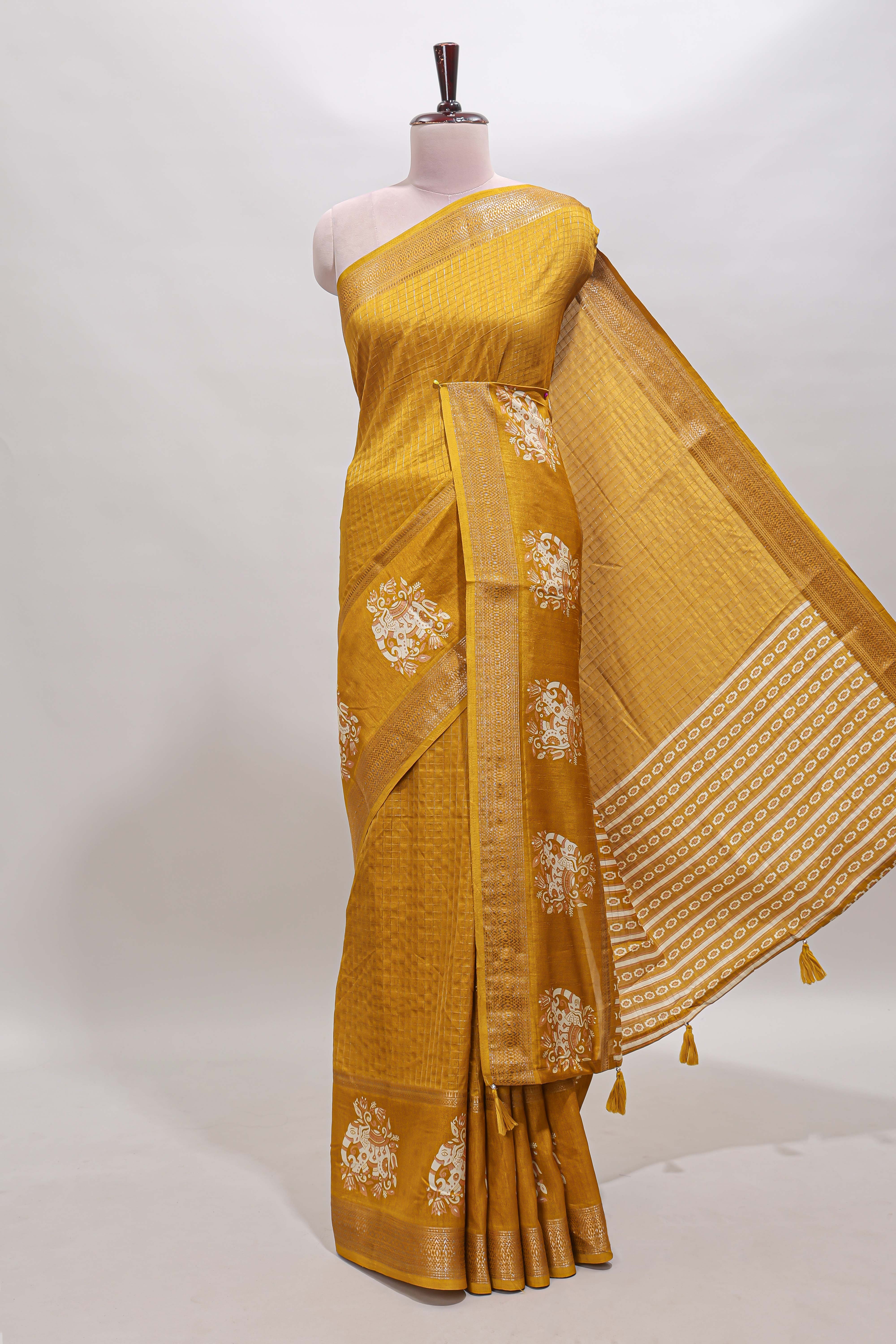 Mustard checked elephant motifs dola silk saree with self zari border and striped pallu