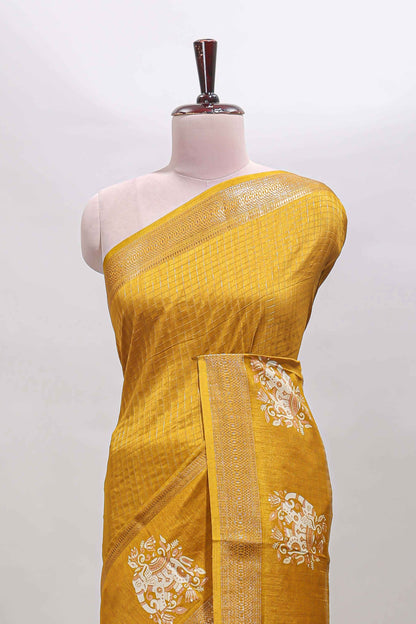 Mustard checked elephant motifs dola silk saree with self zari border and striped pallu