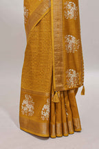 Mustard checked elephant motifs dola silk saree with self zari border and striped pallu