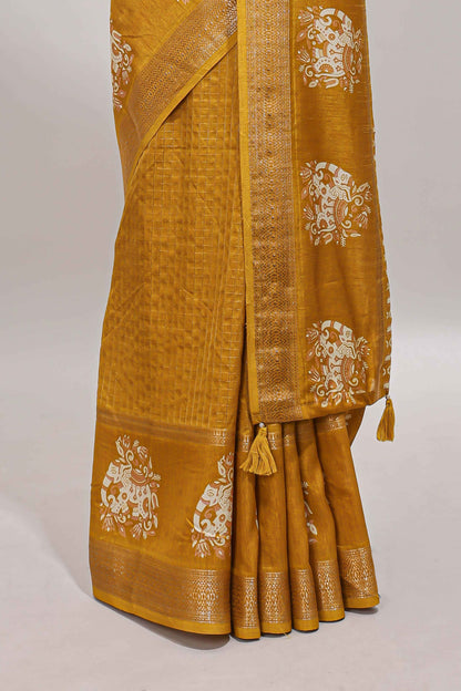 Mustard checked elephant motifs dola silk saree with self zari border and striped pallu